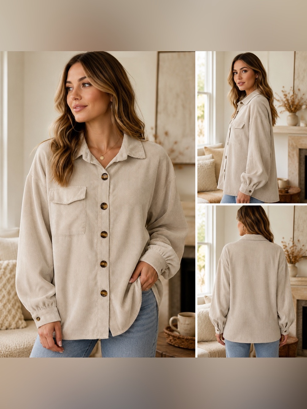 Nasty Gal Beige Corduroy Button-Up Shacket Women’s US 6 Oversized Shirt Jacket